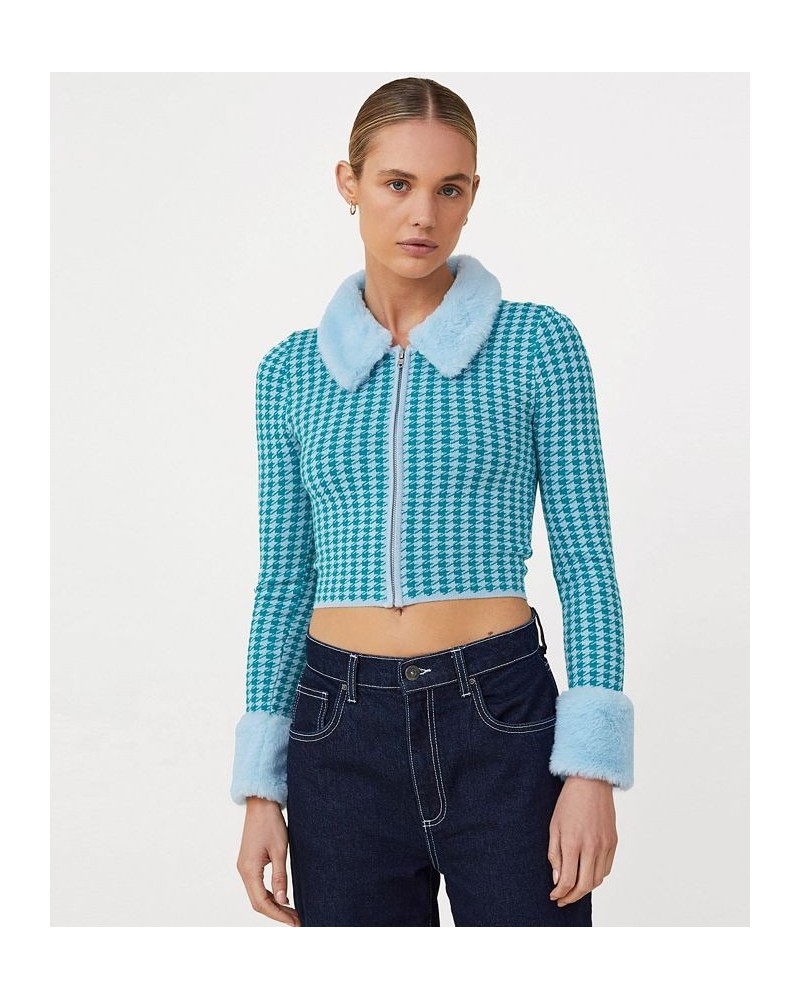 Women's Plush Trim Cardigan Sweater Holly Houndstooth Micro Jewel Teal $32.20 Sweaters