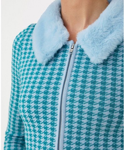 Women's Plush Trim Cardigan Sweater Holly Houndstooth Micro Jewel Teal $32.20 Sweaters