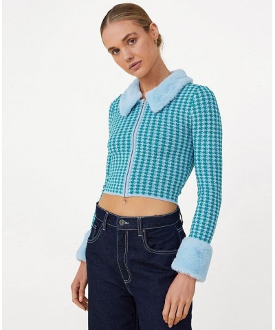 Women's Plush Trim Cardigan Sweater Holly Houndstooth Micro Jewel Teal $32.20 Sweaters