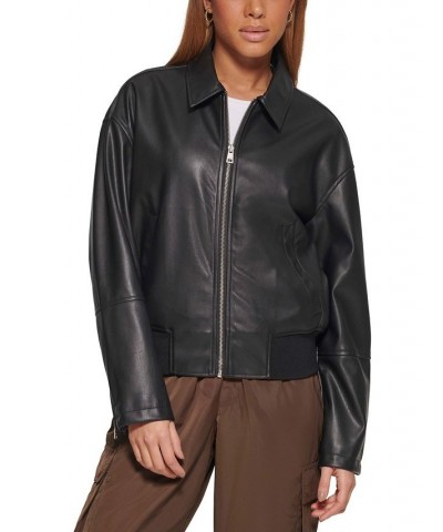 Women's Faux Leather Lightweight Bomber Jacket Black $41.00 Jackets