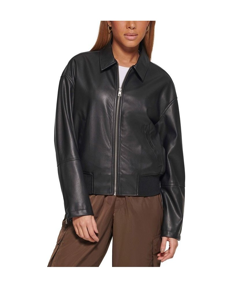 Women's Faux Leather Lightweight Bomber Jacket Black $41.00 Jackets