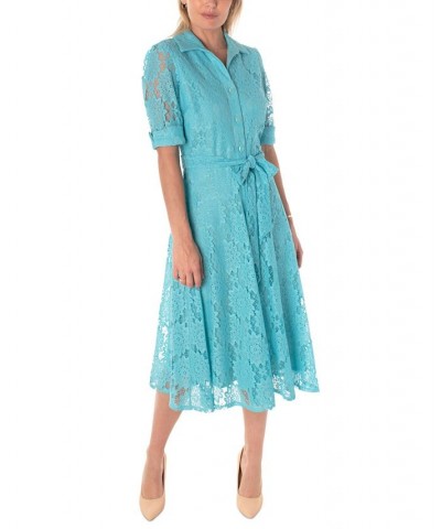 Women's Short-Sleeve Belted Lace Shirtdress Turquoise $44.80 Dresses