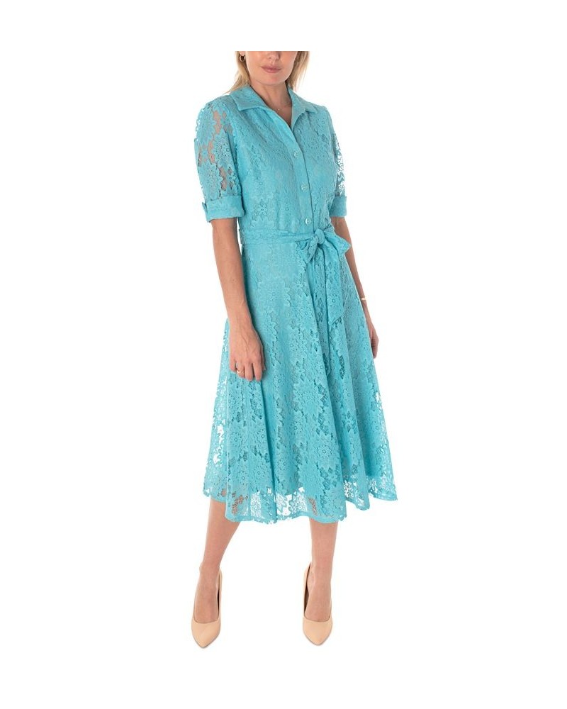 Women's Short-Sleeve Belted Lace Shirtdress Turquoise $44.80 Dresses