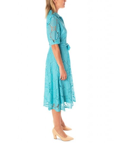 Women's Short-Sleeve Belted Lace Shirtdress Turquoise $44.80 Dresses