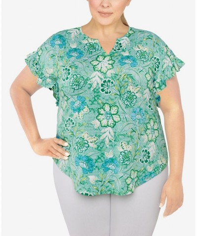 Plus Size Knit Floral Puff Print Top Green $32.56 Tops