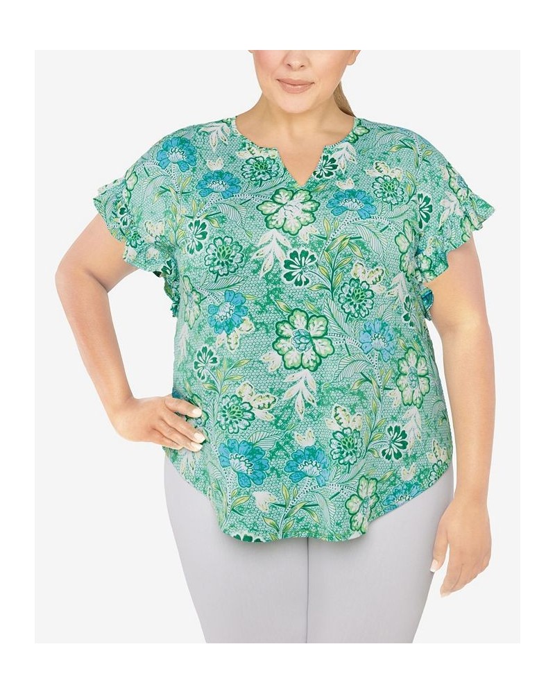 Plus Size Knit Floral Puff Print Top Green $32.56 Tops