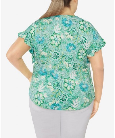 Plus Size Knit Floral Puff Print Top Green $32.56 Tops