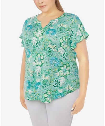 Plus Size Knit Floral Puff Print Top Green $32.56 Tops