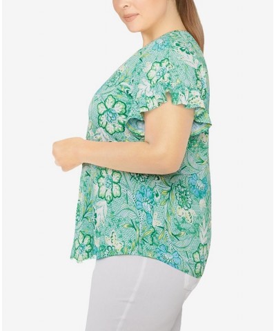 Plus Size Knit Floral Puff Print Top Green $32.56 Tops