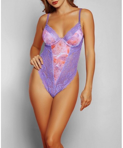 iCollection Women's Leah 1 Piece Lace and Floral Bodysuit Purple $30.14 Lingerie