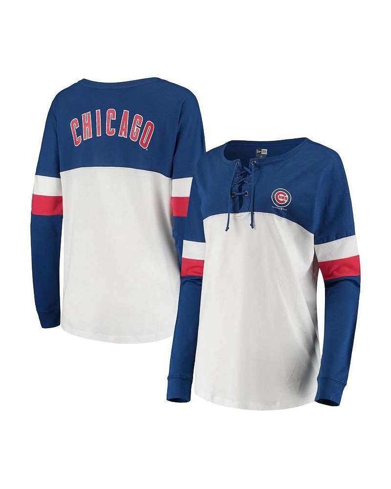 Women's White and Royal Chicago Cubs Lace-Up Long Sleeve T-shirt White, Royal $26.49 Tops