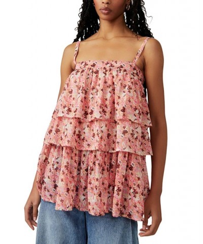 Women's Talia Cotton Floral-Print Tiered Tunic Pink Combo $36.58 Tops