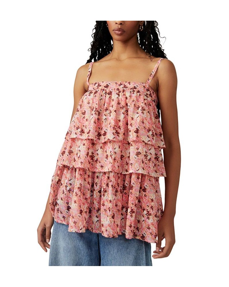 Women's Talia Cotton Floral-Print Tiered Tunic Pink Combo $36.58 Tops