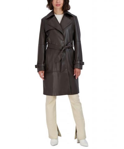 Women's Elle Belted Faux-Leather Trench Coat Cocoa $96.20 Coats