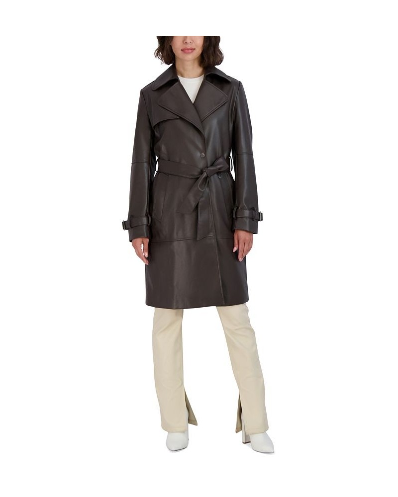 Women's Elle Belted Faux-Leather Trench Coat Cocoa $96.20 Coats