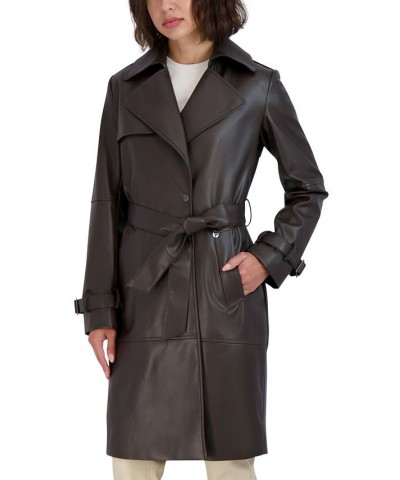 Women's Elle Belted Faux-Leather Trench Coat Cocoa $96.20 Coats