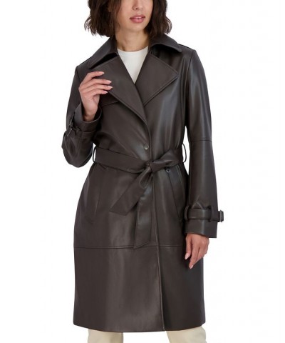 Women's Elle Belted Faux-Leather Trench Coat Cocoa $96.20 Coats