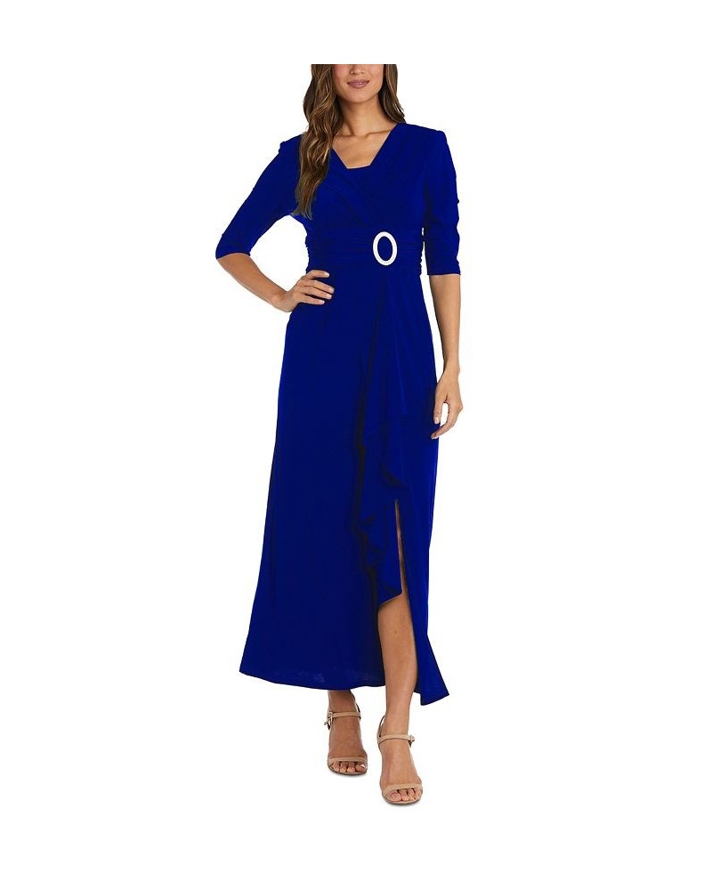 Women's Cascading Ruffle Side-Slit Gown Blue $41.28 Dresses