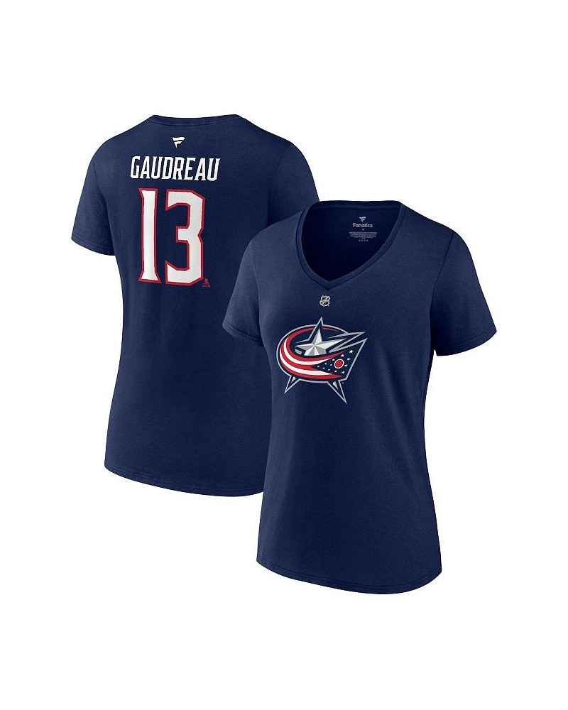 Women's Branded Johnny Gaudreau Navy Columbus Blue Jackets Authentic Stack Name and Number V-Neck T-shirt Navy $25.19 Tops