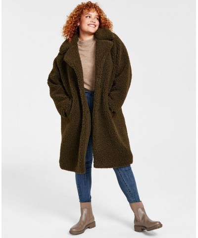 Women's Plus Size Notched-Collar Teddy Coat Olive $64.00 Coats