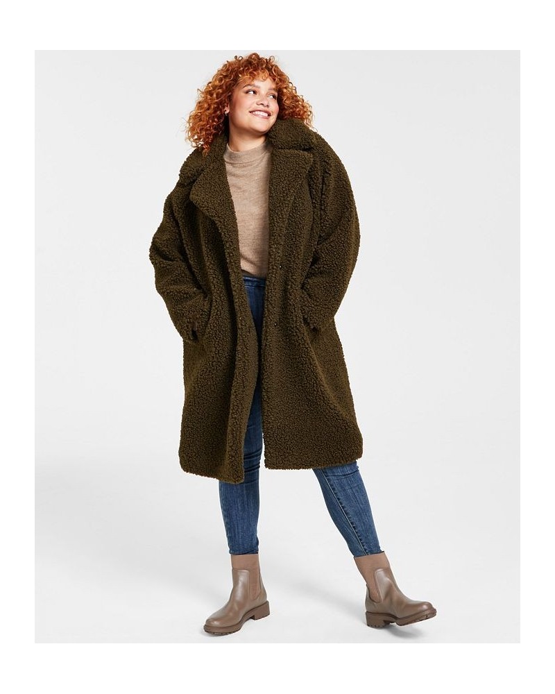 Women's Plus Size Notched-Collar Teddy Coat Olive $64.00 Coats