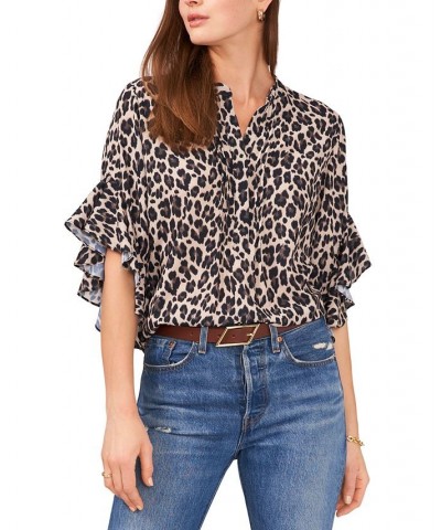 Women's Ruffle-Sleeve Leopard-Print Blouse Black $27.55 Tops