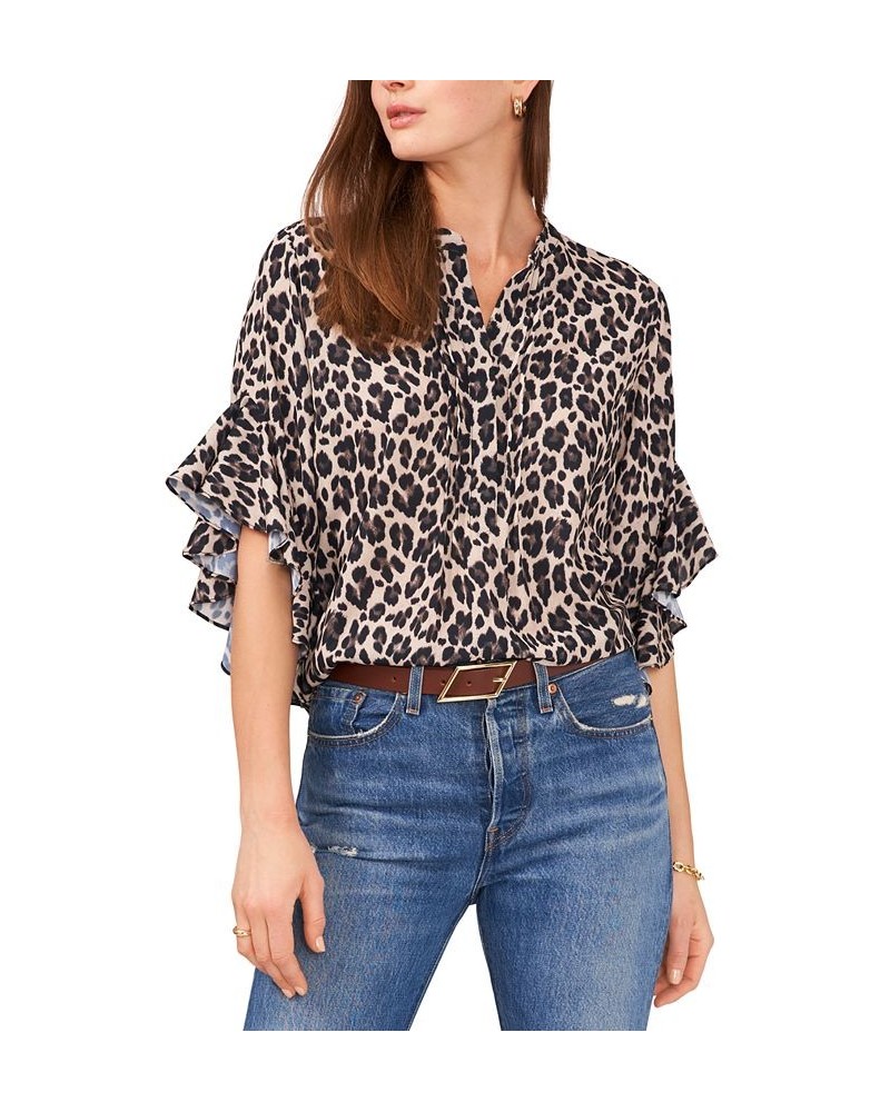 Women's Ruffle-Sleeve Leopard-Print Blouse Black $27.55 Tops