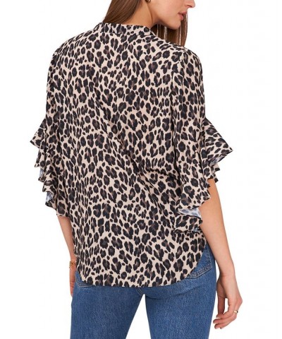 Women's Ruffle-Sleeve Leopard-Print Blouse Black $27.55 Tops