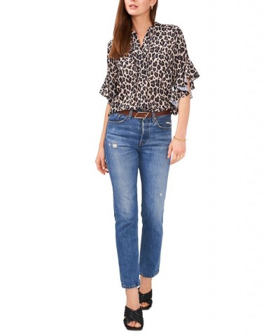 Women's Ruffle-Sleeve Leopard-Print Blouse Black $27.55 Tops