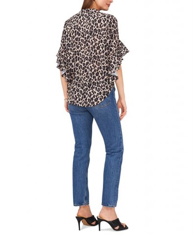 Women's Ruffle-Sleeve Leopard-Print Blouse Black $27.55 Tops