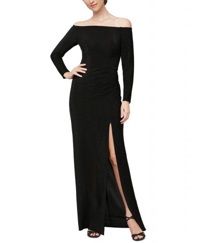 Women's Off-The-Shoulder Glitter-Knit Gown Black $95.52 Dresses