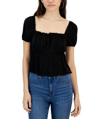 Juniors' Short-Puff-Sleeve Square-Neck Top Black $11.96 Tops