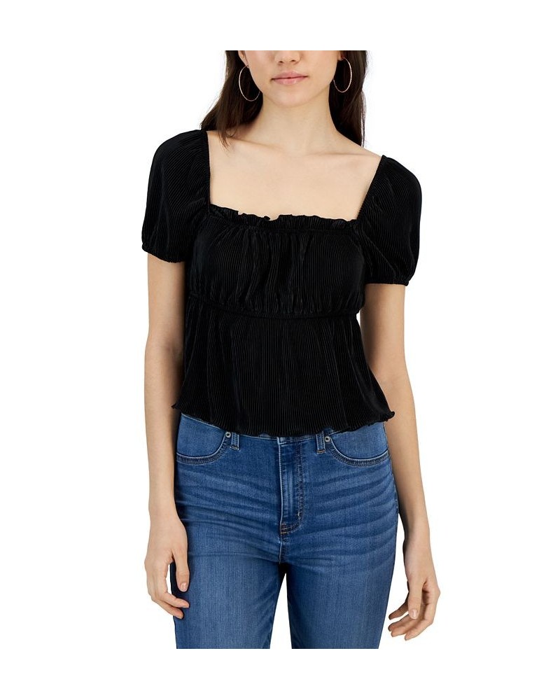 Juniors' Short-Puff-Sleeve Square-Neck Top Black $11.96 Tops