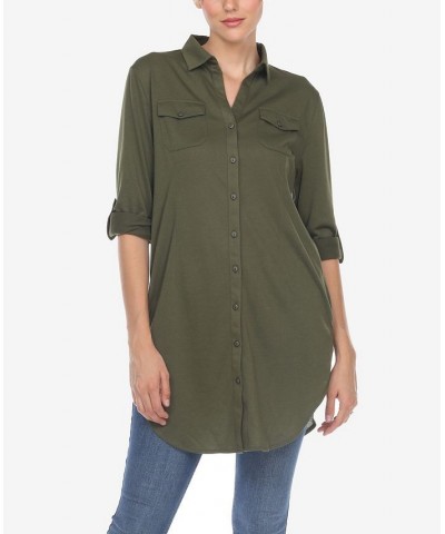 Women's Stretchy Button-Down Tunic Top Olive $14.76 Tops