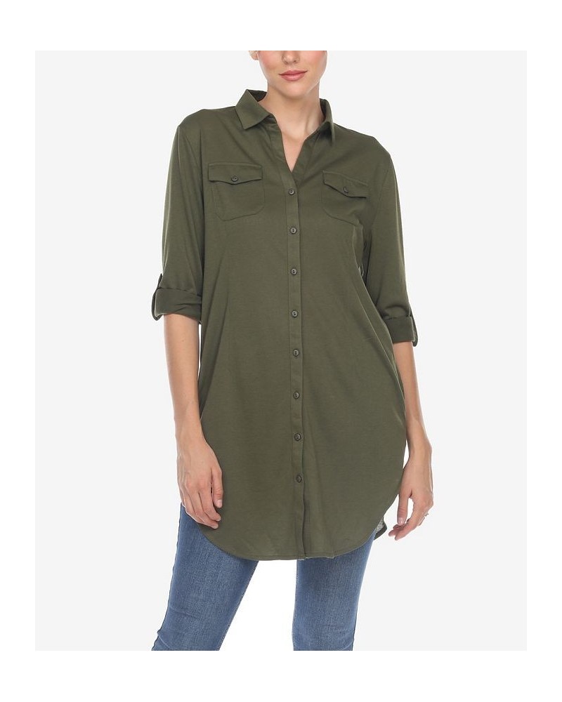 Women's Stretchy Button-Down Tunic Top Olive $14.76 Tops