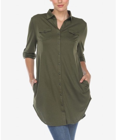 Women's Stretchy Button-Down Tunic Top Olive $14.76 Tops