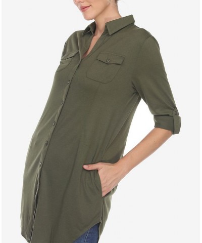 Women's Stretchy Button-Down Tunic Top Olive $14.76 Tops