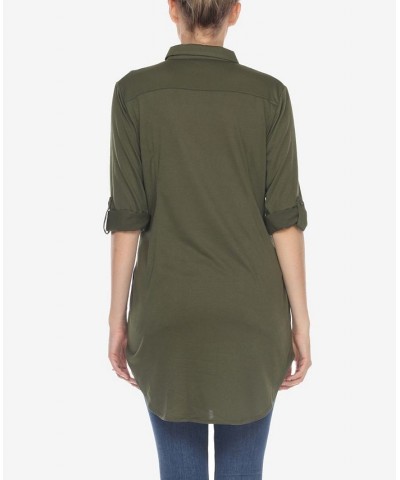 Women's Stretchy Button-Down Tunic Top Olive $14.76 Tops