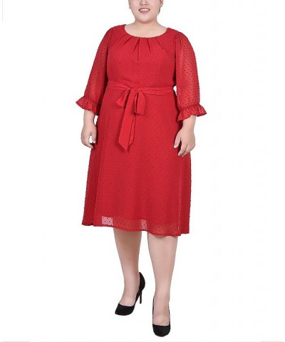 Plus Size 3/4 Sleeve Belted Swiss Dot Dress Red $17.75 Dresses