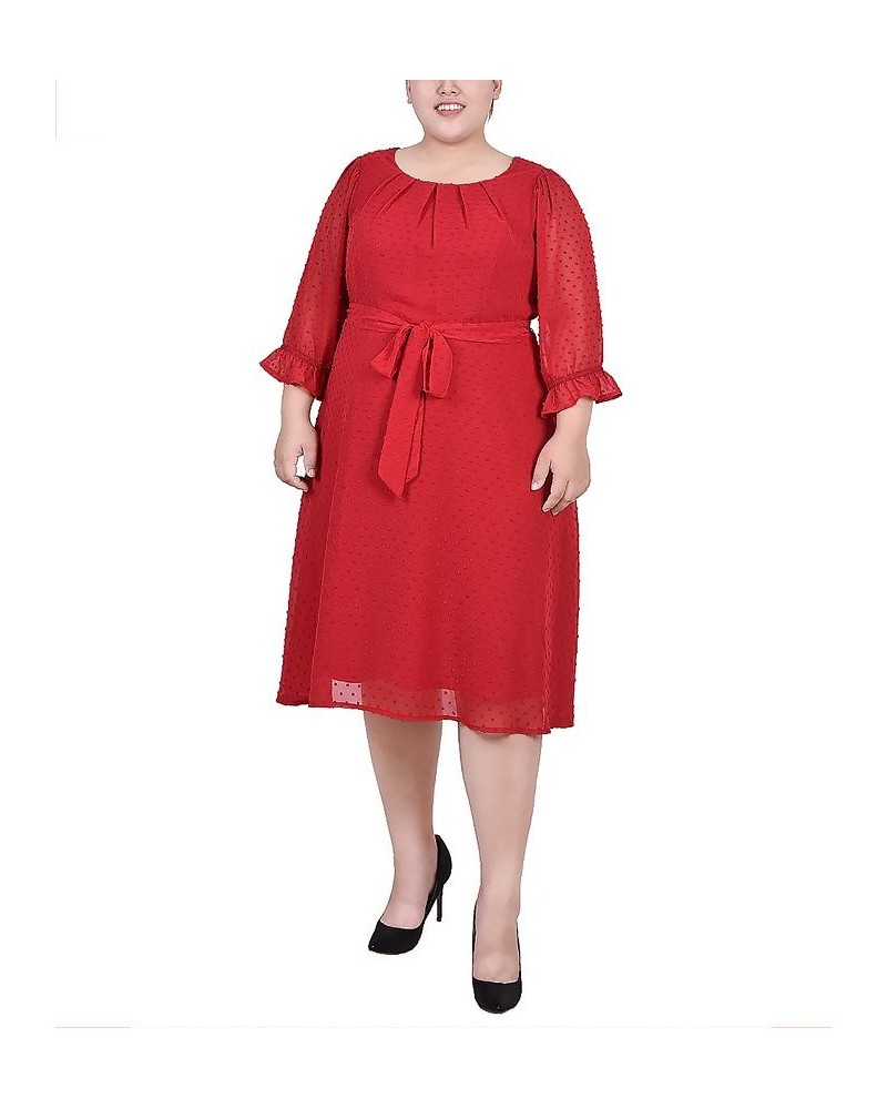 Plus Size 3/4 Sleeve Belted Swiss Dot Dress Red $17.75 Dresses