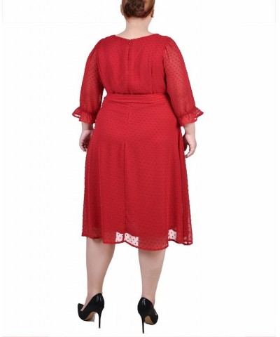 Plus Size 3/4 Sleeve Belted Swiss Dot Dress Red $17.75 Dresses