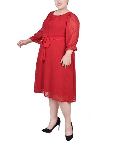 Plus Size 3/4 Sleeve Belted Swiss Dot Dress Red $17.75 Dresses