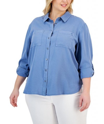 Trendy Plus Size Utility Shirt Blue $20.40 Tops